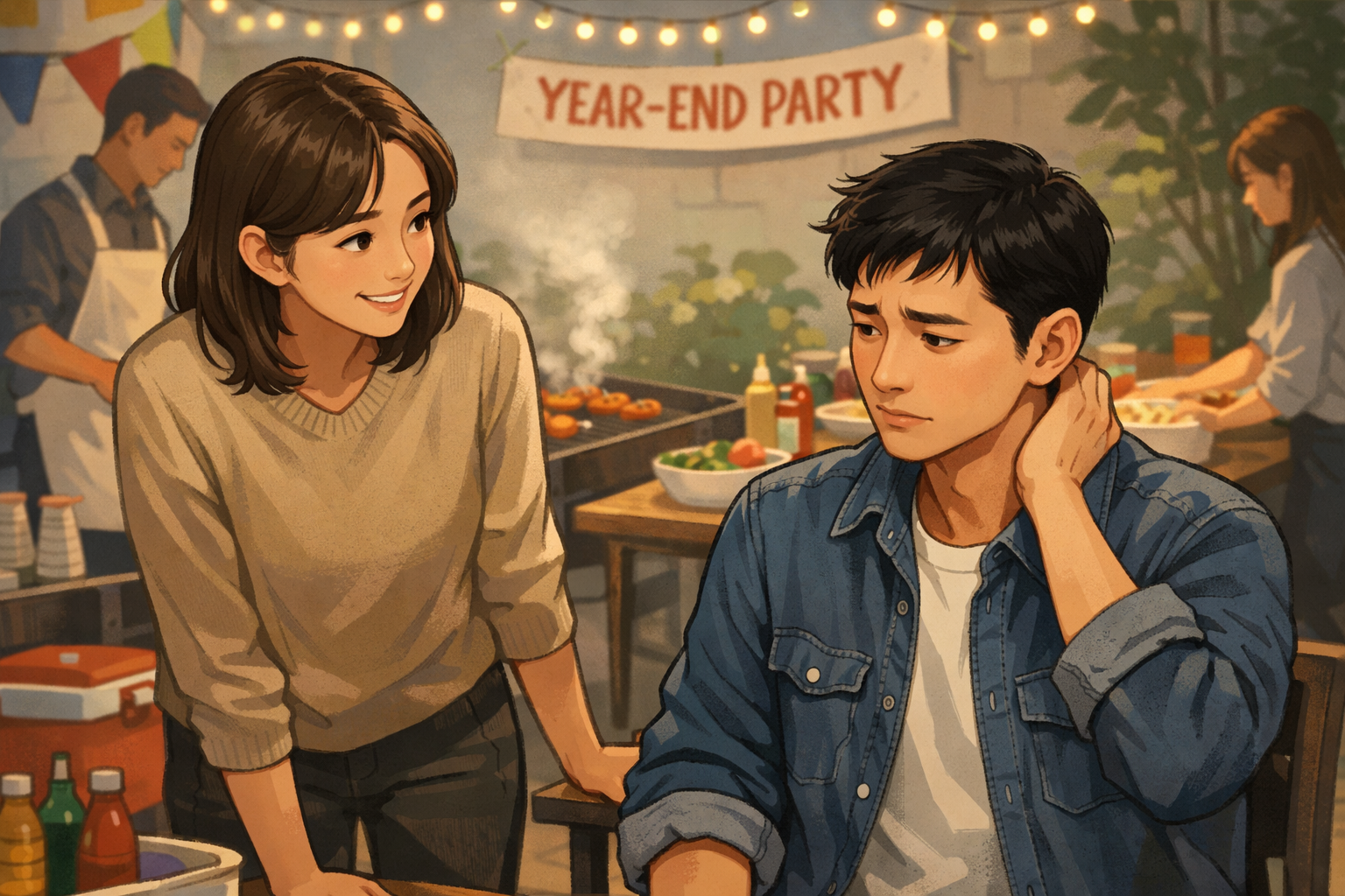 UX designers talking at a company year-end barbecue party, one explaining he might be coming down with something and would rather go home than risk spreading it