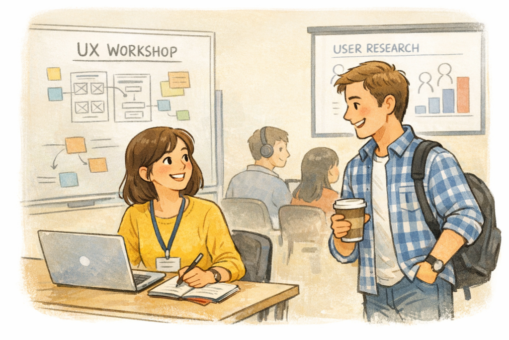 UX designers discussing learning at a UX workshop