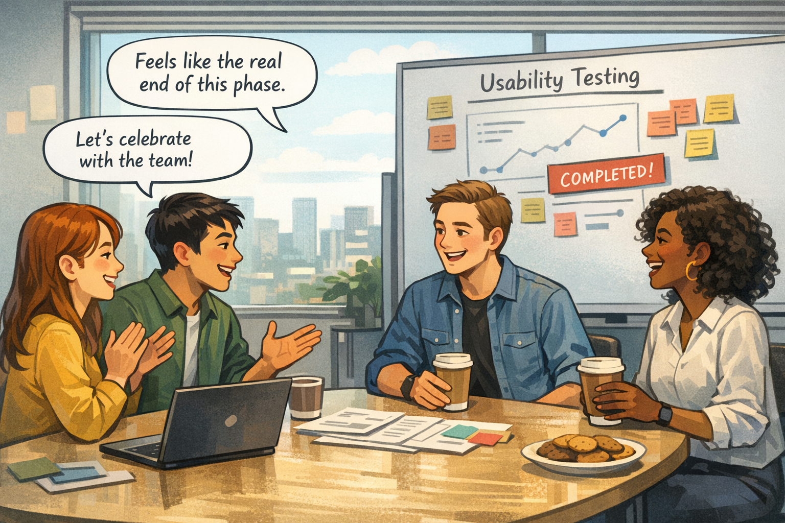 UX design team celebrating the completion of usability testing with coffee in a modern office.