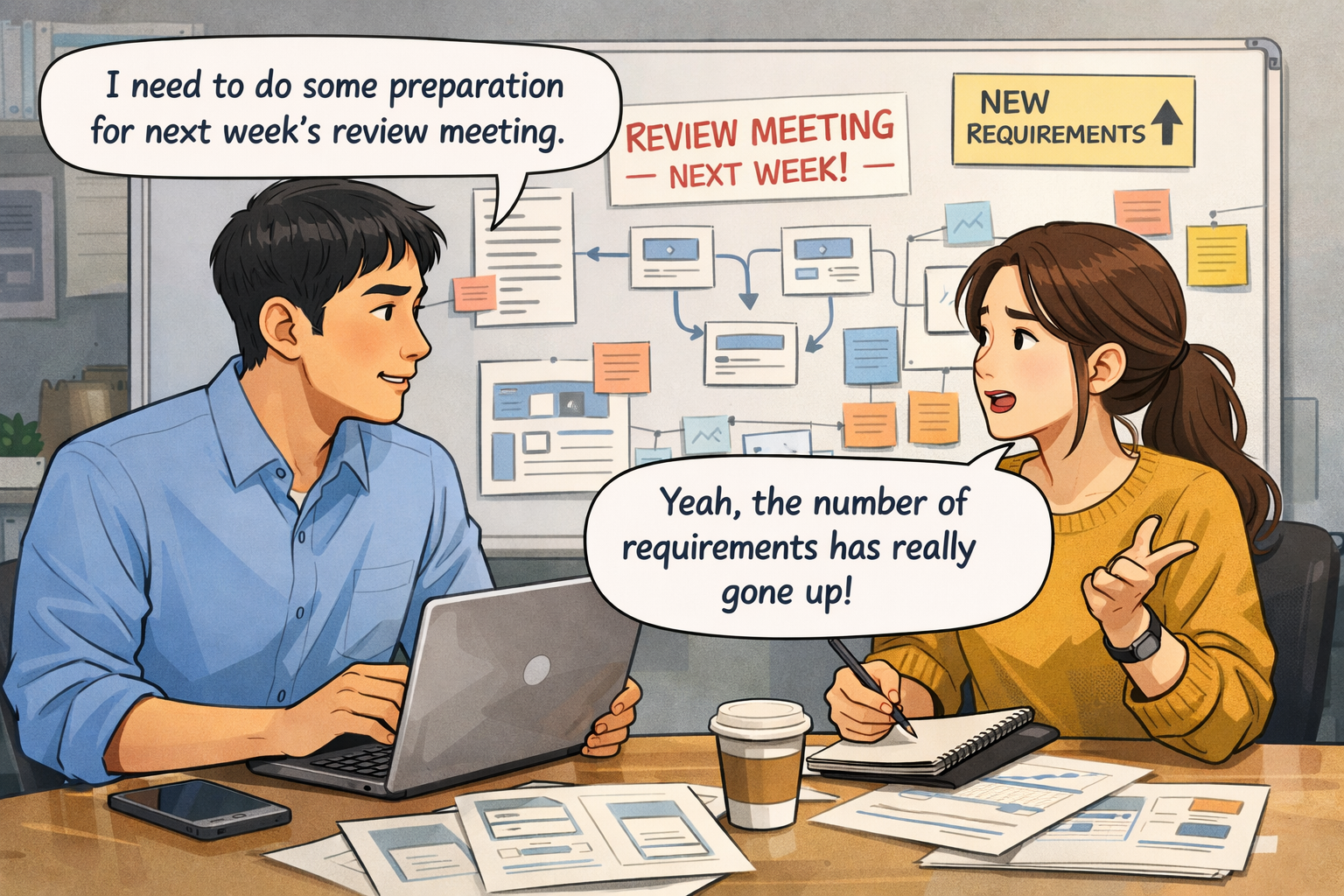 UX designers discussing increased requirements while preparing for a review meeting