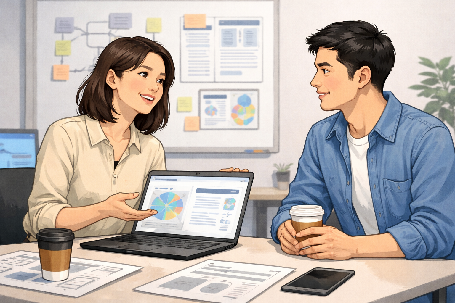 UX designers discussing usability test results and using bet and either in English