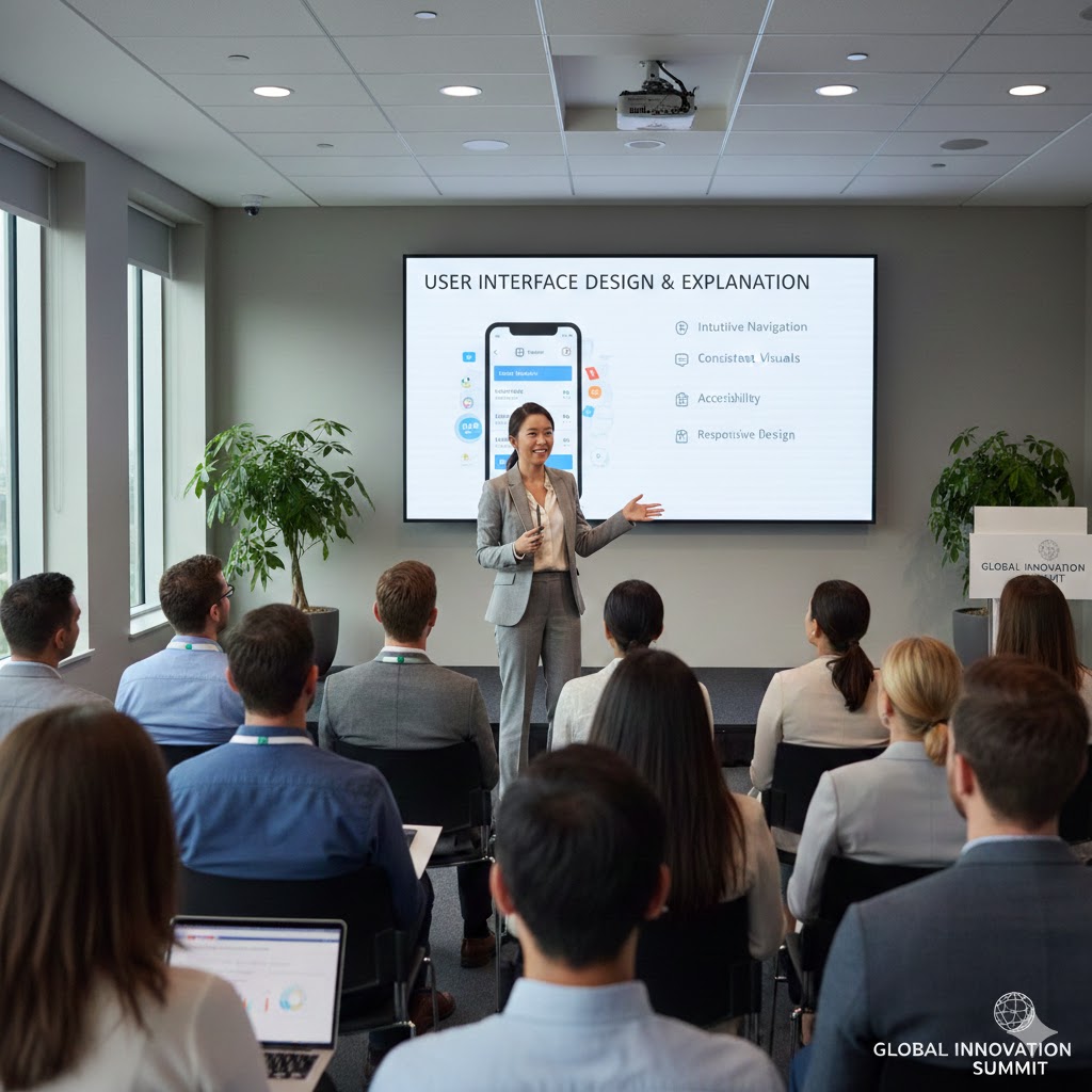 A Korean female UX designer presenting a user interface redesign project with UI mockups and data charts on a screen to an American audience in a professional conference setting.